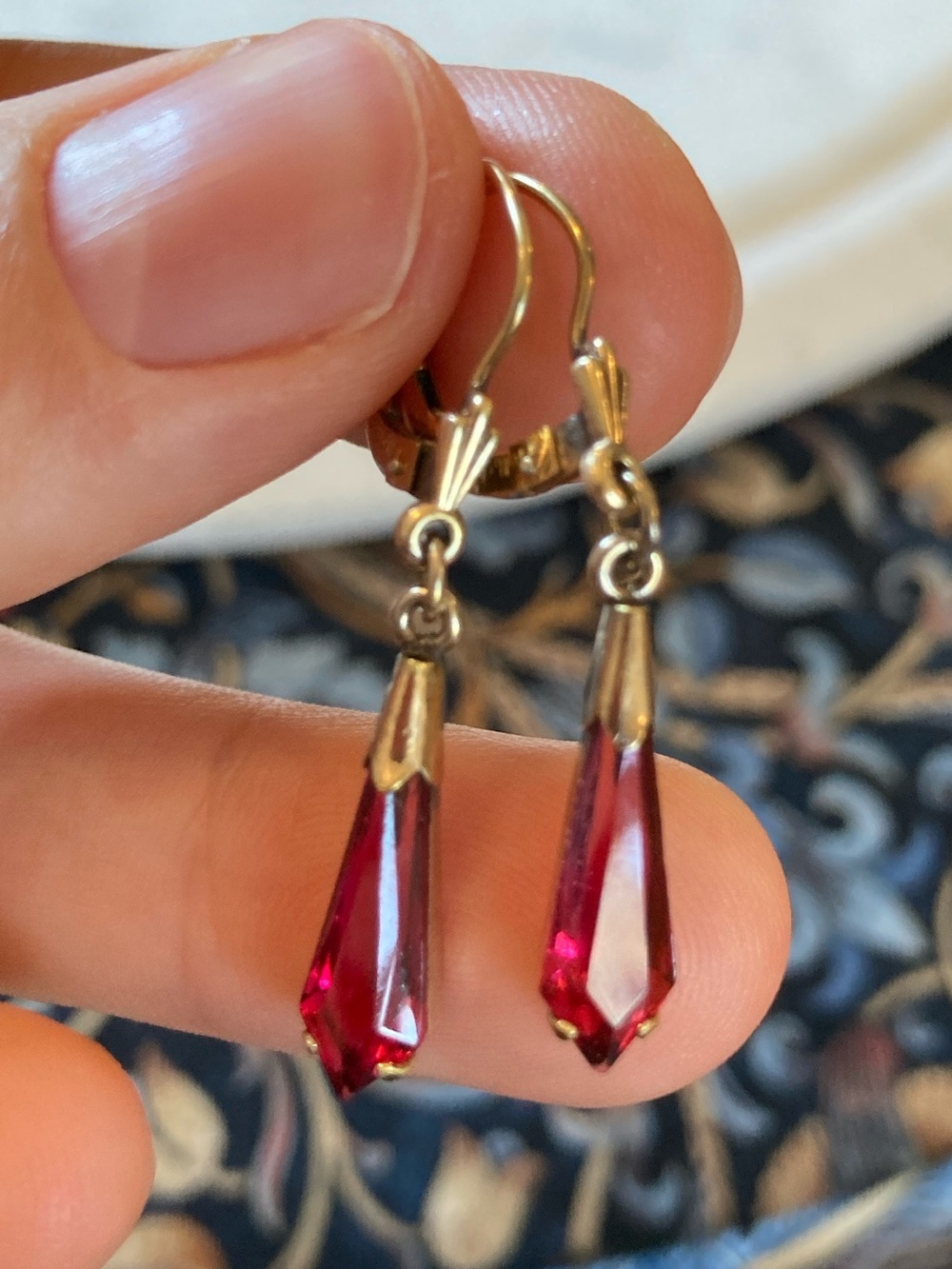 Art Deco Rolled Gold Faceted Glass Hinged Leverback Earrings Signed - Picture 7 of 11